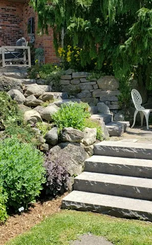 Escalier en pierre et massifs fleuris