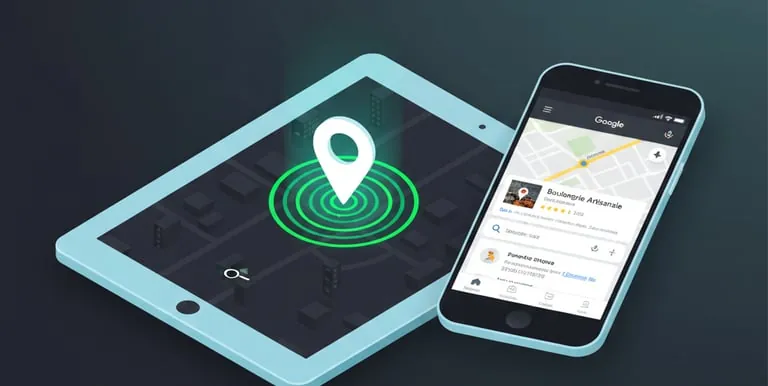 Tablette et téléphone affichant une carte avec un repère de localisation